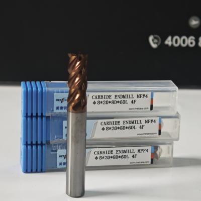 China Mecanizado húmedo seco de carburo sólido 8 mm Universal 4 flautas Molino de extremo plano Φ8x20x8Dx60mm para cortar acero al carbono y acero de aleación baja en carbono en venta