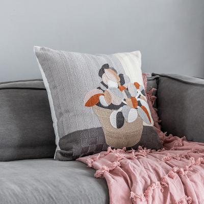China Hot Selling 100% Cotton Folded Sofa Cover Pillow Crewel Embroidery Flower Design Cushion Pillow Cover Modern for sale
