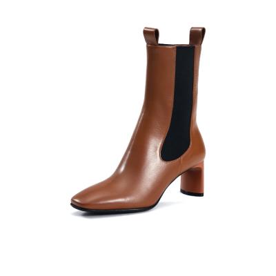 China 2021 New Winter Women's Fashion Boots Square Toe Coffee Short Boots Chelsea Women's Breathable High Heel Boots for sale