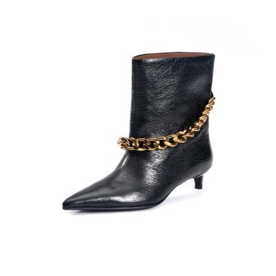 China Winter New Arrival Breathable Low Womens With Thin Metal Chain Pointed Boots Leather Womens Boots for sale