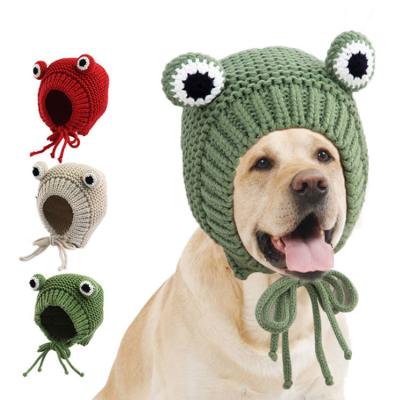 China Funny Viable Cartoon Frog Shape Dog Cat Pet Handmade Knitted Woolen Yarn Animal Hat For Puppy Teddy for sale