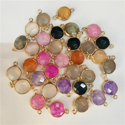 China Gemstone Connector Copper Round Shape 10mm Gold Plated Double Agate Stone Bezel Link Bail Charm Pendant for sale