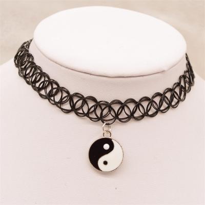 China New-Designed Fashionable Eight Diagrams Yin Yang Black Leather Chain Necklace and White Black Lace Long Dangle Necklaces for sale