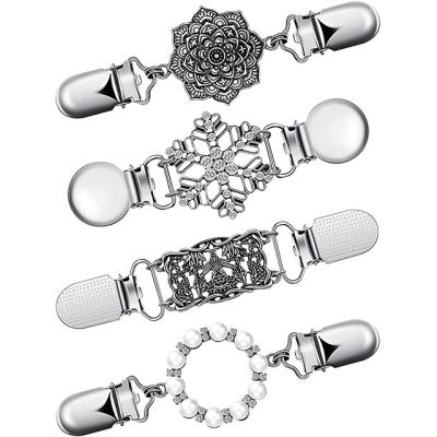 China Fashionable Wholesale Vintage 4 Pieces Clip Silver Shawl Sweater Plated Retro Cardigan Collar Brooch Clip For Women for sale