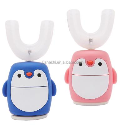 China Non-Toxic Multi-speed Cute Children Penguin Silicone Children's Adjustable Rechargeable Electric Toothbrush U Shaped Toothbrush for sale