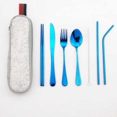China Sustainable Luxury Travel Camping Silverware with Metal Straw Spoon Fork Chopsticks and Portable Case Cutlery Set for sale