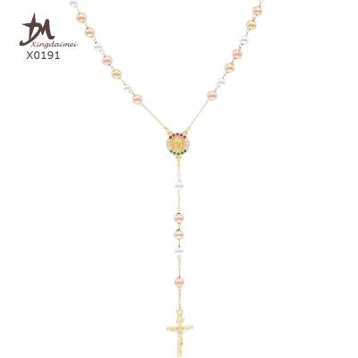 China X0191 Religious Jewelry Wholesale Three Colors Religious Virgin Mary Rosary Beaded Necklace Gold Plated Rosary Necklace for sale