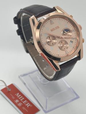 China Scratch Resistant Quartz Watch with White Dial Black Leather Band and Buckle Clasp for sale
