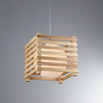 China Contemporary Wholesale Indoor Decorative Light Fixture Nature Wood Cage Pendant Lamp With White Glass For Home for sale