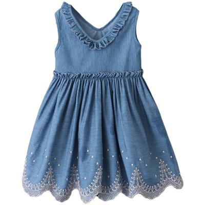 China 2022 Breathable Summer Wholesale A Line Sleeveless V-collar Baby Kids Denim Skirt Jean Dress With Ruffles Lace For Girls for sale