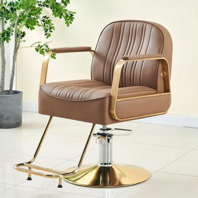 China Modern Luxury LightSpa High-end leather hair salon furniture armchair can rotate and lift stainless steel gold black metal barber chair for sale