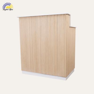 China Modern Luxury LightSpa Modern luxury pink beauty salon spa wooden reception desk gold stainless steel frame front desk reception counter for sale