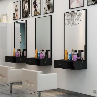 China Modern Luxury LightSpa Barber shop furniture salon mirror multifunctaional black wooden barber station with hair wash sink for sale