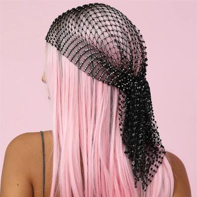 China Decorate Nightclub Stretchy Black Sparkle Rhinestone Rhinestone Turbans Mesh Headband Bling Crystal Headwrap Hat Headwear Accessories for Women and for sale