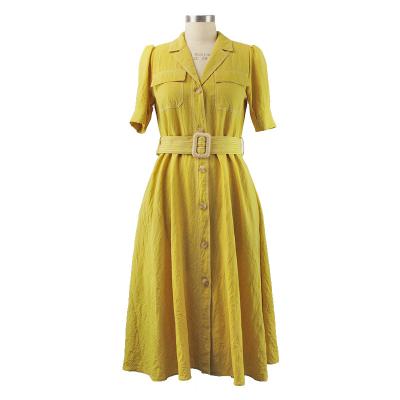 China Washable Solid Color Fashion Women Shirt Korean Yellow Casual Dress Ladies Elegant Dresses for sale