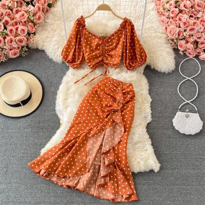 China Breathable Drop Shipping Sweet Floral Short Sleeve Seaside Top Vacation Set High Waist Ruffled Summer Fishtail Skirt Two Piece Set for sale