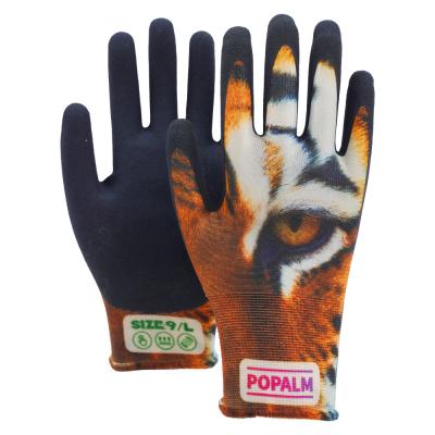 China Popalm Unisex Animal Print Tuinhandschoenen 15gauge Latex Palmcoated Werkhandschoenen voor alle taken Te koop