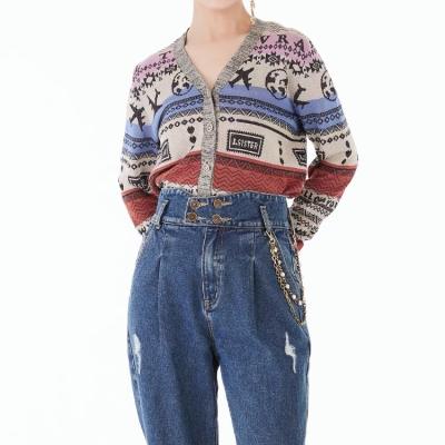 China Others Autumn New Letter Pattern Printing 2021 knitted V neckline long sleeve sweater women cardigan coat with button for sale