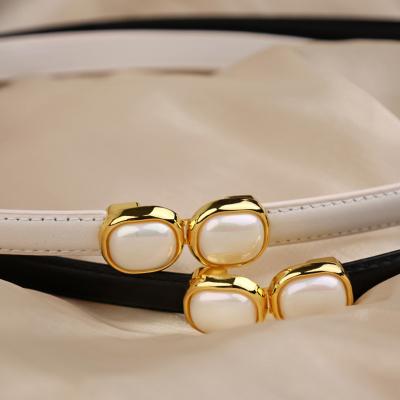 China Fashion.Casual new design pearl adjustable thin top layer whip genuine for black white cowhide leather belt jeans tie women ladies for sale