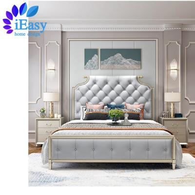 China Adjustable (height) iEasy Brand Designer Modern Storage Luxury Bedroom Furniture Leather King Size Bed Gold Set Solid Wood Frame Building Style for sale