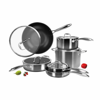 China Hot Sale Kitchenware 11pcs Viable Cookware Triple Pan Stainless Steel Cooking Pot and Pan Set with Tempered Glass Lid for sale