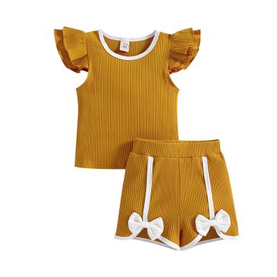 China White Pit Strip Flying Sleeve Bow Shorts Sports Leisure Washable Children's Clothing Girls Shorts for sale