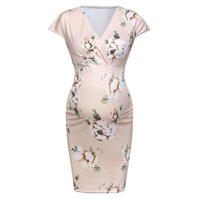 China RTS Breathable Maternity Dresses Elegant V-neck Nursing Dresses Women Print Floral Pregnant Clothes for sale