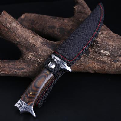China Non-variable fast carry Damascus stainless steel professional hunting knife with color wood handle blade camping fixed knife outside for sale