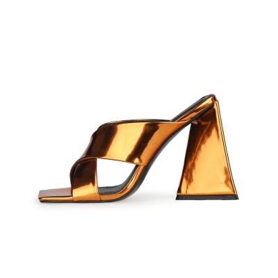 China Fashion Trend Brand Women's Famous Chunky High Heels Sexy Designer Sandals Shape PU Summer Metallic Ladies Slides for sale