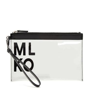 China Fashoion Custom Size Women Transparent PVC Spliced PU Leather Lipstick Zipper Cosmetic Pouch With Handle for sale
