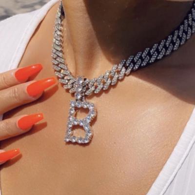 China Hiphop Iced Out Cuban Link Letter-Chain Pendant With Diamond Tennis Chain Women's Chocker Letter Necklace Jewelry