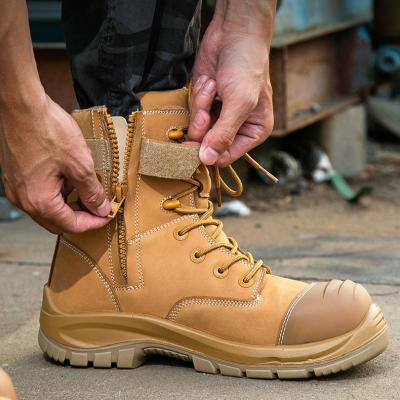 China Security Work Boots Wheat Cowhide Safety Boots Rubber Sole Glass Fiber Toe Anti-smashing Kevlar Anti-proof Work Shoes for sale