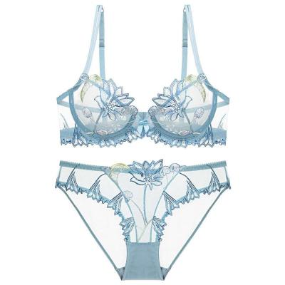 China 2022 Sexy Underwear Mesh Lace Embroidered Micro Sheer Micro Bikini Lingerie Bra Panties Set For Girls for sale