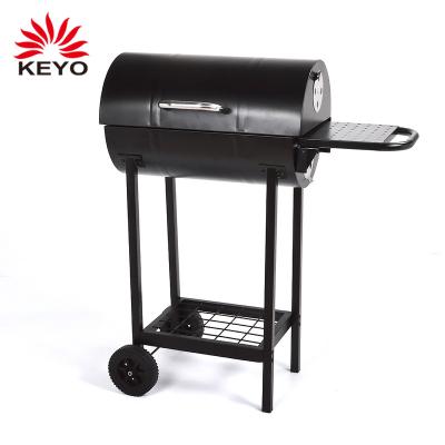 China Heavy Duty Compact Outdoor Barbecue Easily Assembled Smokeless Garden Used Barrel Shaped Charcoal BBQ Grill With Side Table for sale