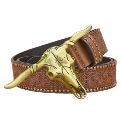 China Copper Bull Belt Men's Embossed Western Cowboy Personality Riveted Men's Belt Fashion Rivet for sale