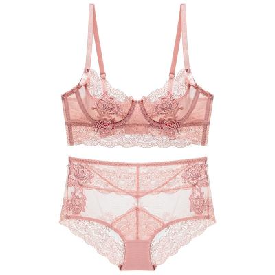 China Barbell and nylon panties set French sexy lace bra set ultra thin girl style bra gathered plus-size underwear for sale