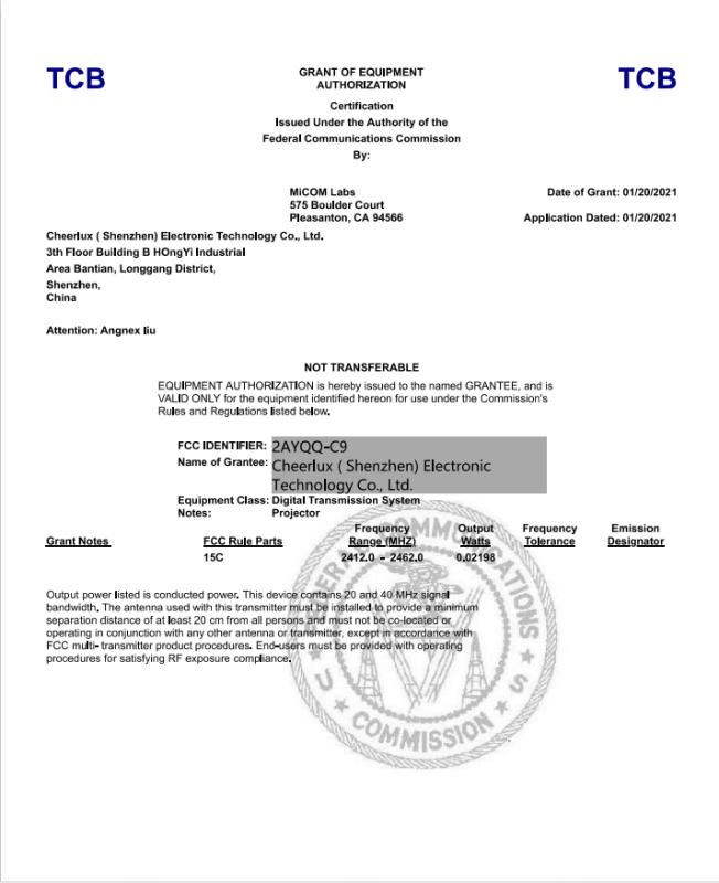 FCC - Cheerlux (Shenzhen) Electronic Technology Co., Ltd.
