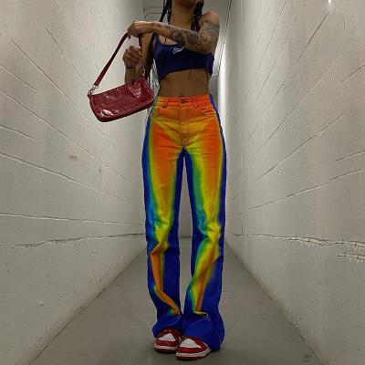 China 2022 New Arrival High Street QUICK DRY Colorful Straight Tie Dyed Jeans Chic High Waist Wide Leg Denim Pants Street Casual Wear for sale