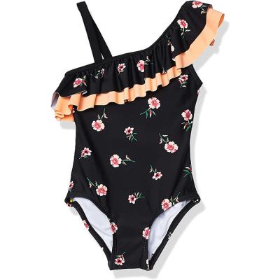 China High Quality Girls Ruffle Floral Nylon Quick Dry UPF 50+ Anti-UV Striped One Shoulder Kids Swimwear for sale
