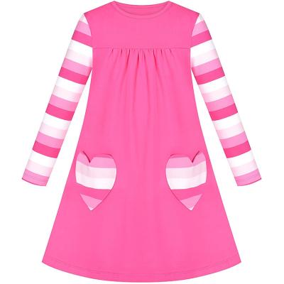China Hot Selling Anti-wrinkle Fashion 100% Cotton Soft Stripe Long Sleeve Crewneck A Line Above Knee Length Girls Casual Dress With Pocket for sale