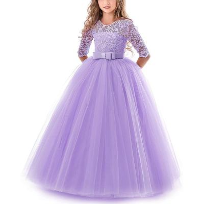 China High Quality Anti-wrinkle Lace Floor Length 3/4 Sleeve Elegant Crew Neck Layered Girls Prom Dresses With Front Waist Bow for sale