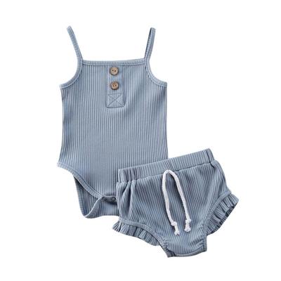 China Toddler Girls Casual Solids Ribbed Knit Tank Top Romper And Ruffles Bloomers 2pc Summer Clothes Set For Baby for sale