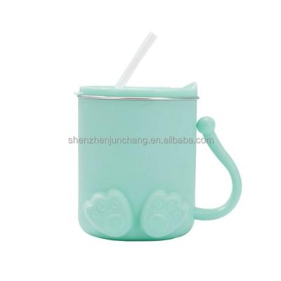 China Durable Stainless Steel Silicon Material Plastic Two Joint Kids Milk Cup With Straw for sale