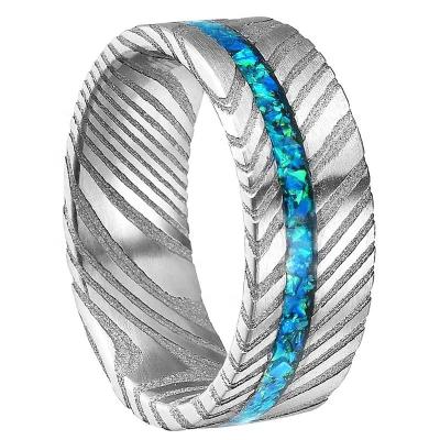 China Latest Simple Design Channel Punk Groove Inlay Mens Damascus Steel Wedding Ring 8mm Brushed Blue Crushed Opals for sale