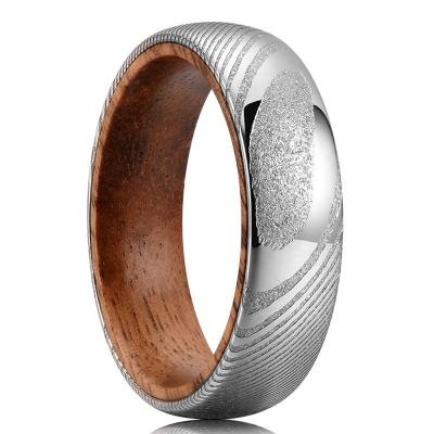 China Vintage 6mm Polish Dome Damascus Ring Inner Inlay Real Wood Fashion Women Steel Wedding Band for sale
