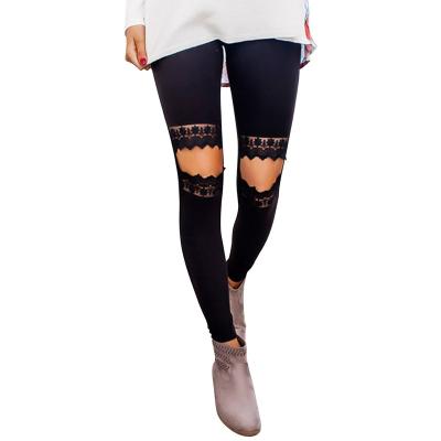 China Women's High Waist Leopard Pattern Breathable Fashionable Lace Gaiters Stitching Knees Ripped Skinny Culotte Pants for sale