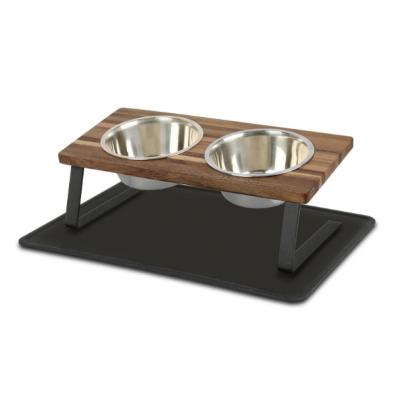 China Durable Anti-rollover dog bowl wooden frame iron wood combined with cat bowl frame to protect double cervical bowl for sale