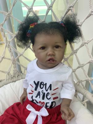 China New 55CM Soft Skin Soft Skin Saskia With Teeth Reborn Todderl Girl Black Baby Doll Real Touch Full Body Silicone African American Baby for sale
