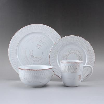 China New Design Customized Ceramic Dish Sustainable Dinnerware Archaize Design Sweeping Stoneware Embossed Dinner Set for sale
