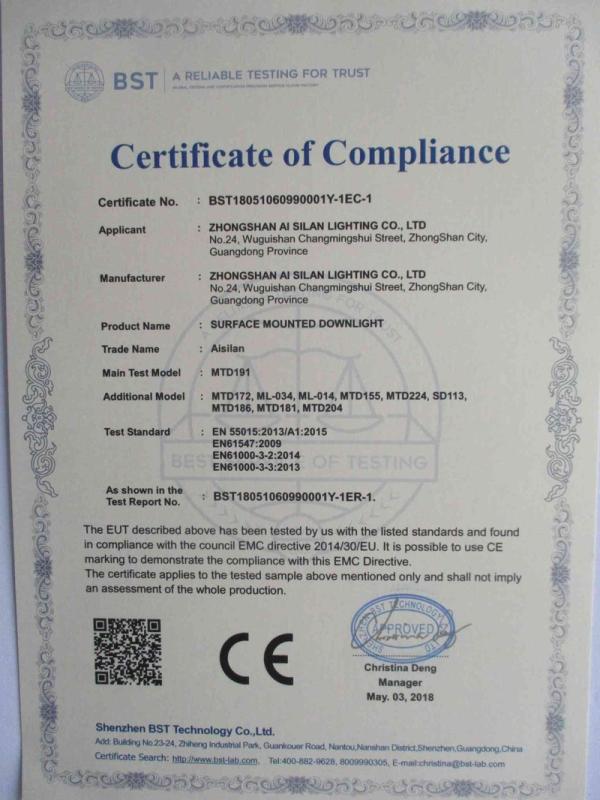 CE - Zhongshan Aisilan lighting Technology Co., Ltd.